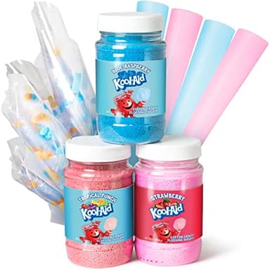 Nostalgia Kool-Aid Cotton Candy Flossing Sugar Party Kit 3-Pack, Blue Raspberry, Strawberry, Tropical Punch, 3-7 oz bottles - 21 total ounces - Bottles of Cotton Candy Sugar Mix - Image 1