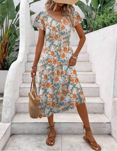 Zeagoo Midi Dresses for Women Floral Print Beach Long Tiered Ruffle Short Sleeve Flowy Dress Blue Orange Flower L - Image 4