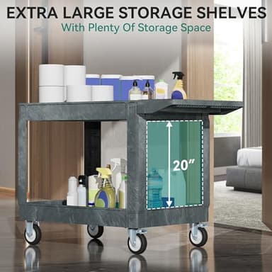 YITAHOME Utility Cart on Wheels, 550 lbs 2 Shelf Heavy Duty Rolling Carts, 45 x 25 in Plastic Service Cart Work Carts with Wheels for Warehouse Garage School & Office, Cleaning, Gray - Image 7