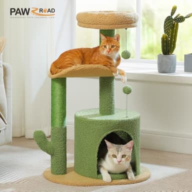 PAWZ Road Cactus Cat Tree Small Cat Tower 32” Cat Scratching Post with Curved Perch, Cozy Cat Condo, Removable Padded Top Bed for Kittens and Indoor Cats-Green - Image 7