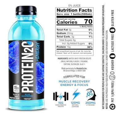 Protein2o 15g Whey Protein Isolate Hydration Drink Plus Energy & Focus, 350mg of Electrolytes, 125mg of Caffeine, Sugar Free, Blue Raspberry, 16.9 oz Bottle (Pack of 12) - Image 3