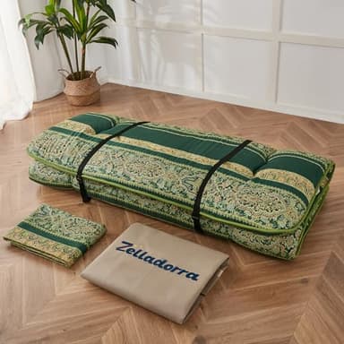 Zelladorra Japanese Floor Mattress, Futon Mattress with Portable Storage Bag and Washable Cover, Roll Up Thick Tatami Mat Suitable for Camping, Guest Room (Bohemian Green, Twin) - Image 3