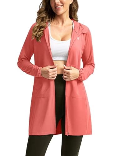 Women's UPF 50+ Swim Cover Up Sun Protection Hoodie Long Jacket SPF Lightweight Beach Cover Ups for Women(Coral,XXL) - Image 1