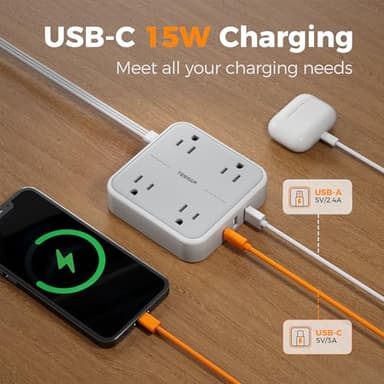 TESSAN Surge Protector Flat Extension Cord 5Ft, Flat Plug Power Strip with 4 Outlets 3 USB Ports (1 USB C), 900 Joules Protection, Multiple Wall Outlet Extender Suitable for Home Office Dorm, Grey - Image 3