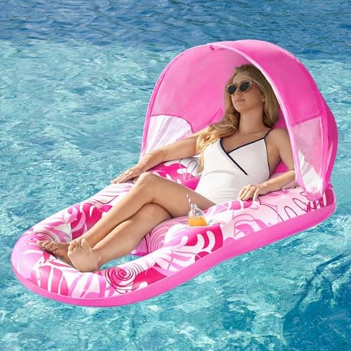 SLOOSH Inflatable Pool Floats Lounger Adult, Pool Lounge with Canopy Raft Floaties Water Floating Recliner Chair with Cup Holders Foot Rest Swimming Floaty - Image 1