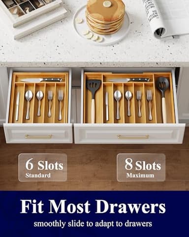 Kitsure Large Bamboo Silverware Organizer - Expandable Drawer Organizer for Utensil, Cutlery and Flatware, Kitchen Storage Solution with 6 to 8 Slots, Natural, 19.4" × 13.1" × 1.8" - Image 7
