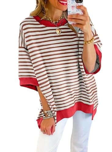 SHEWIN Summer Tops for Women Trendy Short Sleeve Shirts Crewneck Sweatshirt Loose Ladies Top and Blouses Dressy Casual Womens Fall Top Brown Stripe XXL - Image 2