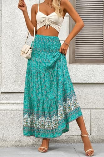 CFLONGE Summer Maxi Skirts for Women 2025 Fashion Boho Long Skirt Trendy Floral High Waist A Line Beach Skirt Vacation Outfit(Floral Green Yellow,Medium) - Image 3