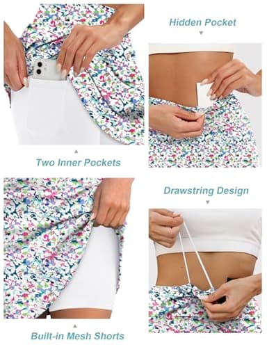 LouKeith Knee Length Skorts Skirts for Women Tennis Skirts Athletic Golf Skorts Casual Workout Skirt with Shorts Pockets Boho Flowers M - Image 4