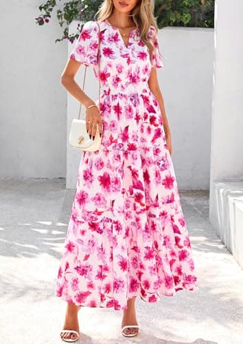 PRETTYGARDEN Women's 2025 Summer Boho Maxi Dresses Floral Short Sleeve V Neck A Line Tiered Flowy Long Beach Vacation Dress (White Pink Floral,Large) - Image 3