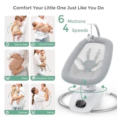 Momcozy CocoSway 3D-Motion Baby Swing for Infants to Toddlers, 6 Motion Modes & 4 Speeds, 180° Rotating Seat, Remote Control, Reclining Seat with 5-Point Harness, 8 Preset Lullabies, Grey - Image 3