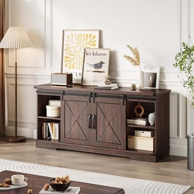 IDEALHOUSE Farmhouse TV Stand and Entertainment Center for TV Up to 65 Inches with Sliding Barn Doors and Adjustable Shelf, Tv Media Console Table with Storage Cabinet for Living Room, Bedroom, Brown - Image 7