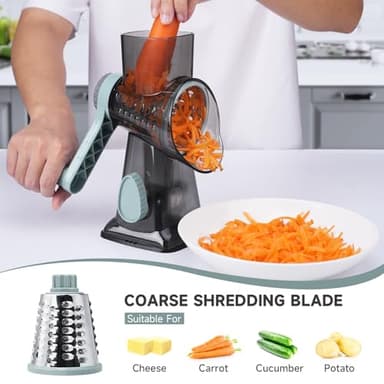 REDPANT Cheese Grater Hand Crank, Manual Cheese Shredder with 3 Interchangeable Blades, Rotary Cheese Grater with Strong Suction Base, Easy to Use and Clean, GreyBlue - Image 2