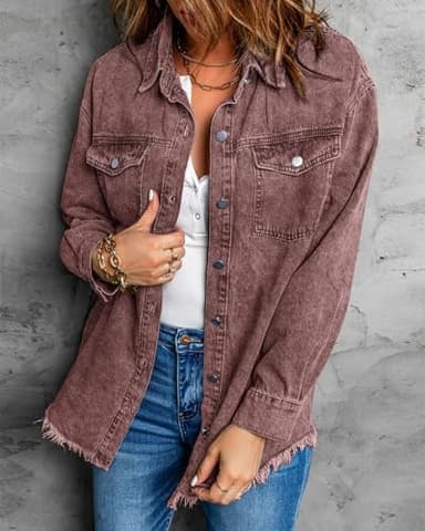 Vetinee Women's Oversized Boyfriend Brown Stone Front Button Up Frayed Raw Hem Long Sleeve Pockets Denim Jean Jacket Shacket Large Size 12 Size 14 - Image 4