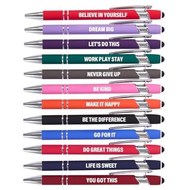 Actsun Funny Pens - 12 Pack Fine Point Smooth Writing Pens with Inspirational Tips, Black Ink, Touch Stylus Screens, Motivational Gift for Office & Desk Accessories - Image 1