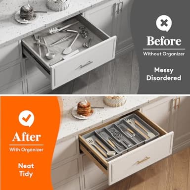 Lifewit Utensil Organizer for Kitchen Drawers, Expandable Cooking Utensil Tray, Adjustable Cutlery Silverware Flatware Holder, Plastic Kitchen Spatula Tools and Gadgets Storage Divider, Large, Gray - Image 6