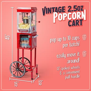 Nostalgia Popcorn Maker Machine - Professional Cart With 2.5 Oz Kettle Makes Up to 10 Cups - Vintage Popcorn Machine Movie Theater Style - Red & White - Image 2