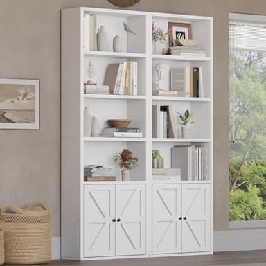 oneinmil 6 Tier Bookshelves and Bookcase with Doors Industrial Set of 2 Double Wide Floor Standing Book Shelf 71" Tall Display Shelves Bookshelf with Storage Cabinets for Living Room White - Image 5
