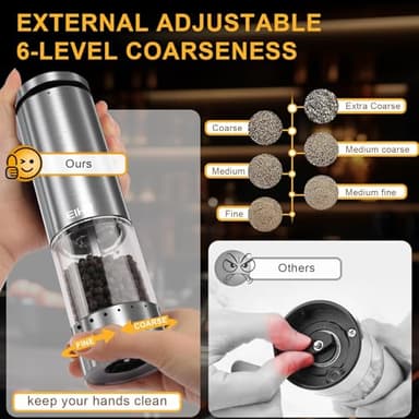 EIHO Electric Salt and Pepper Grinder Set USB Rechargeable, Upgraded External Adjustable Coarseness, Stainless Steel Automatic Salt and Pepper Shakers Mills with LED Light, House Warming Cooking Gifts - Image 2