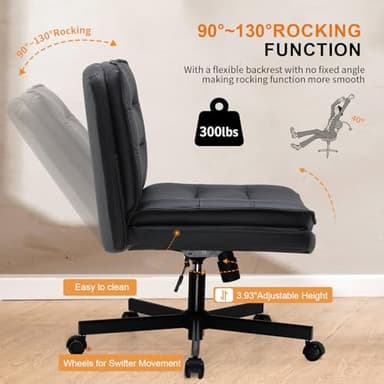 COMHOMA Cross Legged Office Chair with Wheels Armless Office Desk Chair, Modern Vanity Computer Task Chairs for Home Bedroom, Comfortable Wide Seat for Lower Back Pain Relief, PU Leahter, Black - Image 6