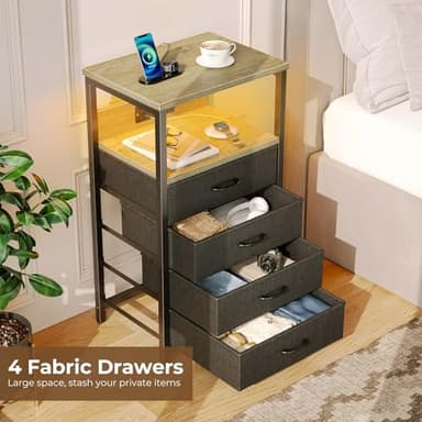 Seventable Night Stand with Charging Station, Tall Nightstand with 4 Fabric Storage Drawers, Side Table with LED Light for Bedroom, Entryway, Greige - Image 5