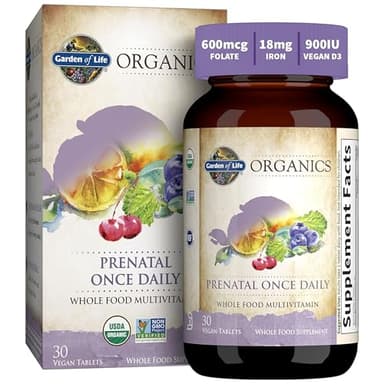 Garden of Life Organics Prenatal Vitamin: Folate for Energy & Healthy Fetal Development, Non-constipating Iron, Vitamin C, B6, B12, D3 – Organic, Non-GMO, Gluten-Free, Vegan, 30 Day Supply - Image 1
