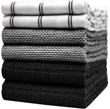 Premium Kitchen Towels (20”x 28”, 6 Pack) | Large Cotton Hand Towels | Flat & Terry Dish Towels | Highly Absorbent Tea Towels Set with Hanging Loop | Black Check - Image 1
