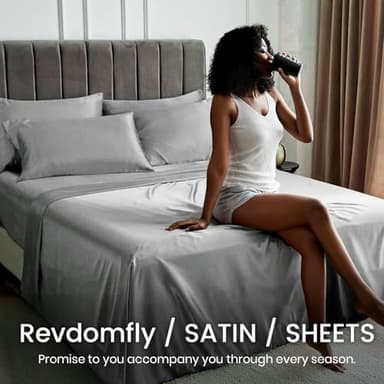 Revdomfly 4 Pcs Queen Size Luxury Silky Soft Cray Satin Sheet Set,1 Premium Moisture Wicking Fitted Sheet Fits Up to 16 Inches Deep Pocket + 1 Flat Sheet + 2 Pillowcases（Gray, Queen） - Image 3