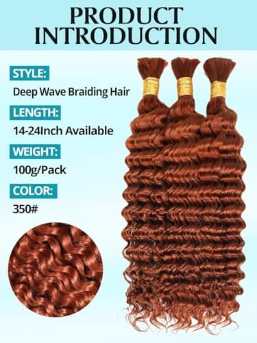 100g 3 Bundles/Pack Dark Ginger Human Braiding Hair for Boho Braids 16 Inch Curly Boho Hair for Braiding Knotless 12A Deep Wave Bulk Bohemian Color 350 - Image 2