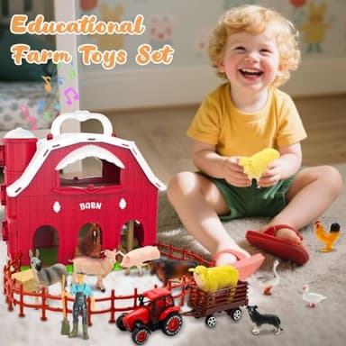 Big Red Barn Toys for Toddlers 1-3, Farm Animal Figures Playset with Tractor for 2 3 4 5 Year Old Kids, Musical Preschool Montessori STEM Learning Toys, Christmas Birthday Easter Gift for Boys Girls - Image 6