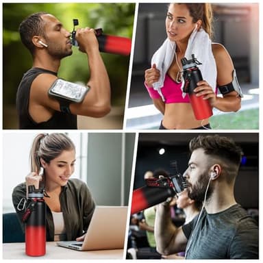 GAZLEMHO 40 oz Insulated Water Bottle with Straw& Spout 2-in-1 Lid, Triple Wall Vacuum Stainless Steel Cold 48H, Leak Proof Sports Metal Flask Jug with Paracord Handle, Black Red - Image 7