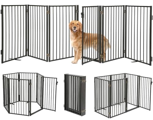 Paulmele Metal Freestanding Dog Gates with Door for Outdoor Indoor,120'' Extra Wide 32'' Tall Free Standing Dog Gate for Doorways,Large Openings,Deck,Yard,Porch,Foldable Pet Fence(Black,6 Panels) - Image 1