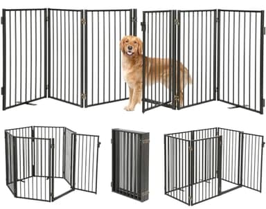 Paulmele Metal Freestanding Dog Gates with Door for Outdoor Indoor,120'' Extra Wide 32'' Tall Free Standing Dog Gate for Doorways,Large Openings,Deck,Yard,Porch,Foldable Pet Fence(Black,6 Panels) - Image 1