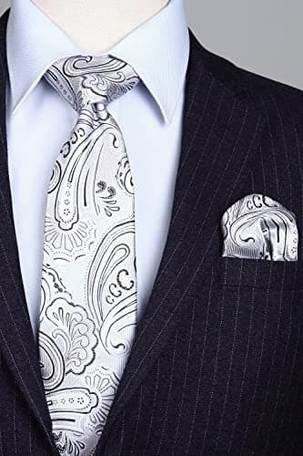 HISDERN Ties for Men Paisley Tie Handkerchief Set Woven Classic Floral Mens Tie Pocket Square Tuxedo Wedding Necktie White Silver - Image 3