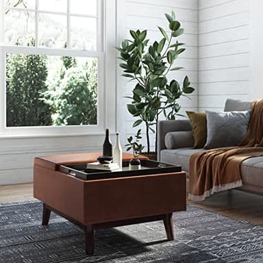 SIMPLIHOME Owen 34 inch Wide Mid Century Modern Rectangle Tray Top Small Coffee Table Storage Ottoman in Distressed Saddle Brown Vegan Faux Leather, Assembled, For the Living Room and Entryway - Image 2