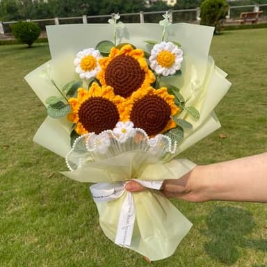 Tokatan Completed Crochet Flowers Bouquet, Handmade Knitted Bouquet, Crochet Artificial Flowers of Sunflowers + Daisy for Mother's Day Birthday, Wedding Home Decor, Gifts for Mom (Sunflowers) - Image 2