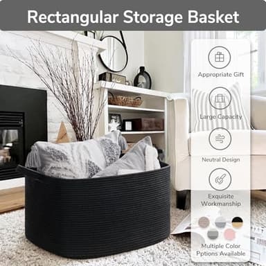 Goodpick Large Blanket Basket Living Room, 21.6" x 14.9" x 11.8" Woven Storage Basket for Blankets, Toys, Rectangle Rope Dirty Clothes Baskets for Nursery, Bedroom, Black - Image 7