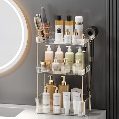 shuang qing Bathroom Counter Organizer with Hair Dryer Holder, Hair Tool Countertop Storage, Cosmetics Skincare Shelf Organizer, Makeup Organizer Perfume for Dresser Vanity Tray(3 Tier-White) - Image 2