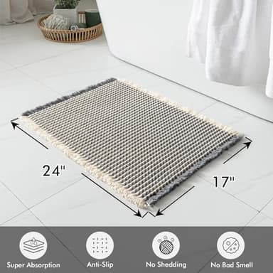 MIULEE Set of 2 Waffle Bathroom Rugs, Boho Bath Rugs Non Slip Washable, Super Absorbent Bath Mats, Ultra Soft Rubber Backed Shower Mats for Bathroom Floor, Tub, Dark Grey & Yellow, 17x24 Inch - Image 2