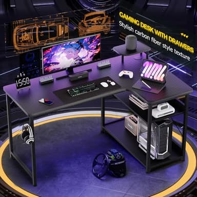 COMHOMA Gaming Desk L Shaped Desk Carbon Fiber Style Computer Desk Compatible with Monitor Arm Storage Shelves Corner Gaming Desk for Home Office Desks Easy to Assemble Adjustable Shelf Height(43.31") - Image 2