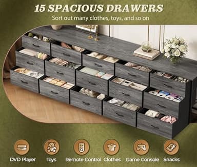 Huuger 78.7 inch Long Dresser for Bedroom, 15 Drawer Fabric Dresser for Closet, Large TV Stand for 65, 75, 85 inch TV, Wide Chest of Drawer with Storage, 78.7" W x 12.9" D x 26.7" H, Grey - Image 8