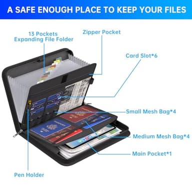 ENGPOW Accordion File Organizer,Fireproof Expanding File Folder with Multi Pockets,13 Pockets Document Organizer with Handle & Labels,Portable Home Travel Safe Storage for Letter A4 Files and More - Image 5