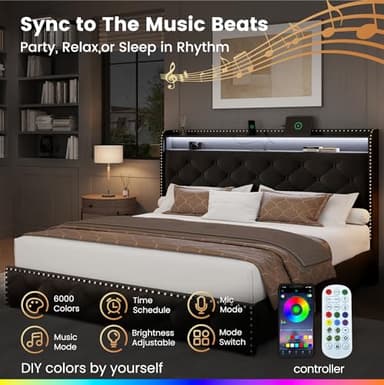 LARMACE King Size Bed Frame with 4 Storage Drawers Velvet Upholstered Tufted Bed Frame King Platform with LED Lights&USB Type-C Charging Station,Heavy Duty/No Box Spring Needed, Easy Assembly,Black - Image 3