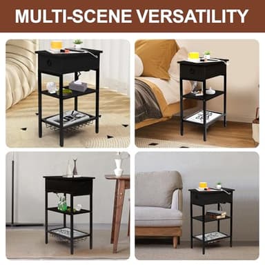 Cazacomzy Small Black Side Table Charging Station for Bedroom, Narrow Black Living Room End Tables with Storage, Skinny USB Nightstand with Outlet, Gaming Coffee Table for Couch with USB Ports - Image 7