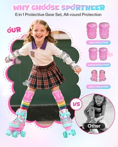 Sportneer Kids Roller Skates: 4 Size Adjustable Quad Skates with Light Up Wheels for 5-8 8-12 Girls Boys Toddlers Beginners, Birthday Gift Skates with Protective Gear Set for Outdoor Indoor - Image 3