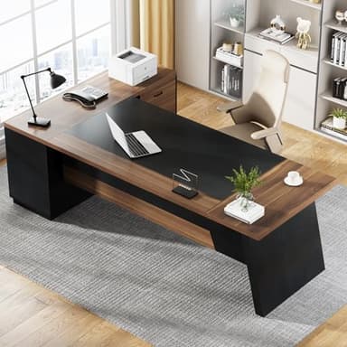 Tribesigns 78" L-Shaped Executive Desk, Large Modern Office Desk with Drawers and File Cabinet, Business Furniture with Storage Shelves, Big Computer Desk for Home Office (Light Walnut + Black) - Image 3