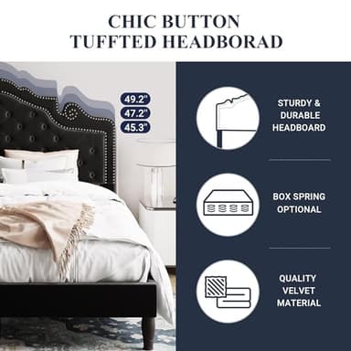 Allewie Queen Velvet Bed Frame with Adjustable Headboard, Wooden Slats, No Box Spring Needed, Easy Assembly, Black - Image 6