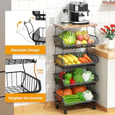 Gsiekare Fruit Vegetable Basket for Kitchen, 5 Tier Stackable Fruit Vegetable Storage Baskets with Wheels, Metal Wire Storage Basket Organizer Baskets for Kitchen, Pantry, Bathroom - Image 2