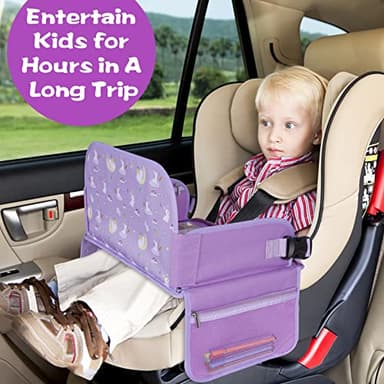 MENZOKE Car Seat Tray for Kids Travel, Kids Travel Tray with Educational Drawing Board, Tablet Holder & Cooler Cup Holder, Holiday Gifts for Car Trip, Purple - Image 4