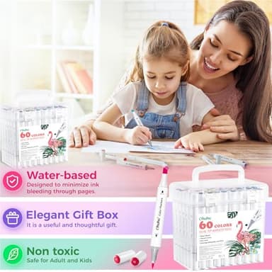 Ohuhu Markers for Adult Coloring Books No Bleeding 60 Colors Water-based Dual Tips Coloring Markers for Kids Adults Beginners Drawing Pens for Journaling Lettering (Brush & Chisel) - Image 8